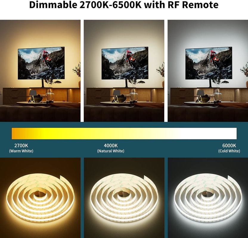 सीओबी एलईडी स्ट्रिप लाइट CCT ट्यून करने योग्य 560LEDs CRI90 2m डिममेबल 2700K-6500K 24V एलईडी टेप लाइट्स किट कैबिनेट बेडरूम के लिए