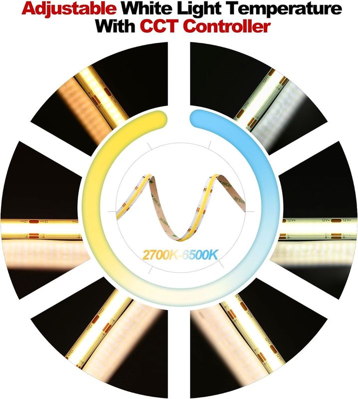 560LEDs COB एलईडी स्ट्रिप 90 CRI CCT लचीला COB 3M एडाप्टर और मिनी आरएफ नियंत्रक के साथ