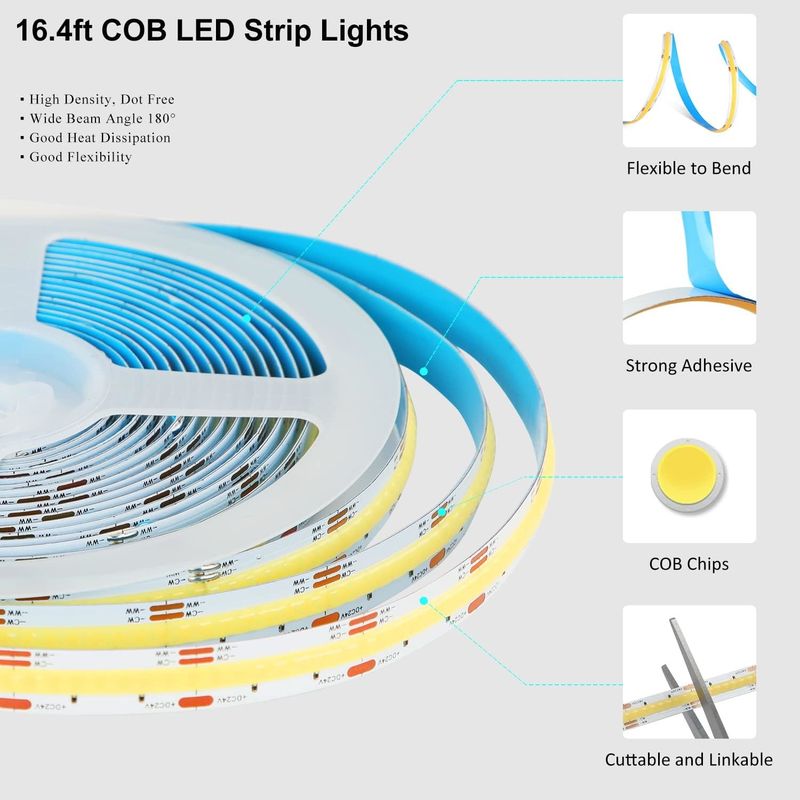 COB एलईडी स्ट्रिप लाइट्स CCT (2700K-6500K ट्यून करने योग्य) 2M 560LEDs/m CRI90 एलईडी टेप लाइट किट बॉक्स पैकेज के साथ होम के लिए एलईडी स्ट्रिप