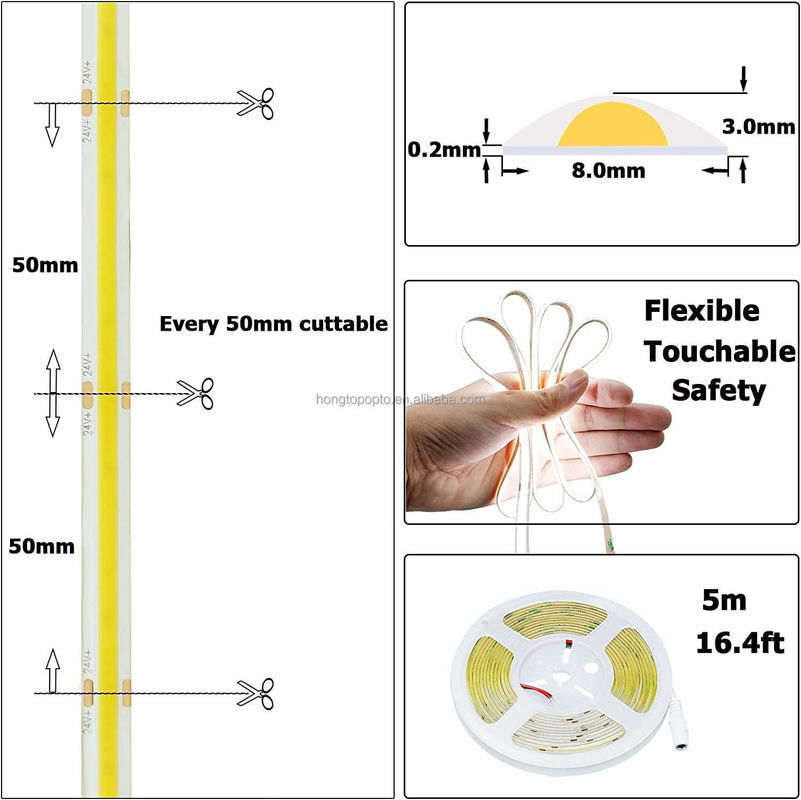 कोई दबाव ड्रॉप नहीं COB एलईडी पट्टी DC24V CRI90 312LEDs/m 10 मीटर कार्य समय 30000 घंटे