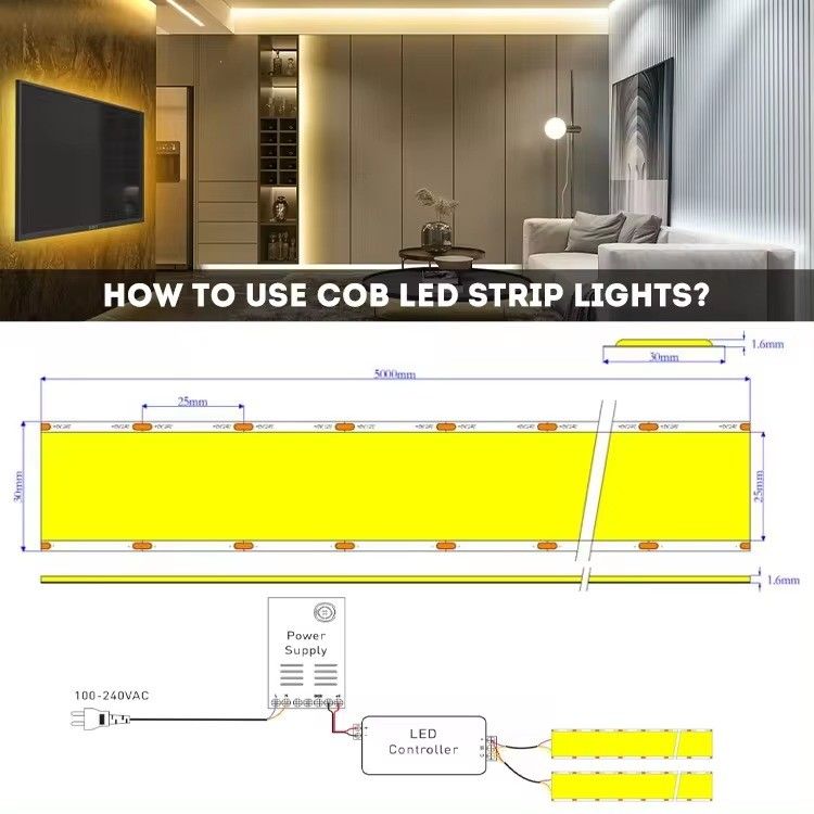 सुपर वाइड 5 पंक्तियों के साथ 24v 30mm लचीला COB एलईडी स्ट्रिप लाइट 1600LED और CRI Ra 90