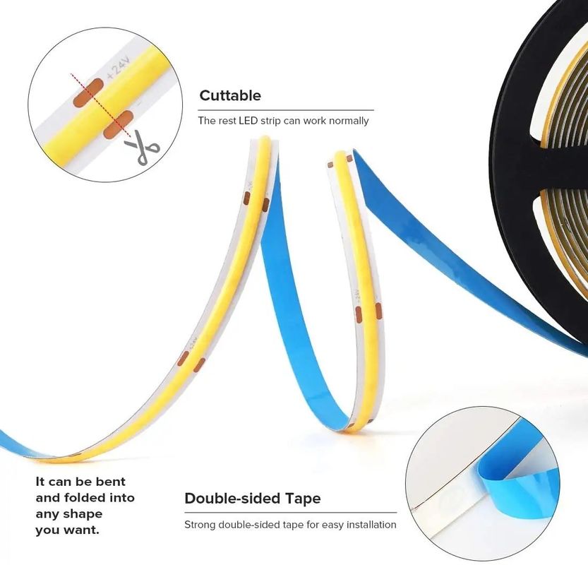 320LEDs/m 90Ra 5mm चौड़ाई 12V 24V लचीला COB एलईडी स्ट्रिप लाइट 2700K 3000K 4000K 6000K